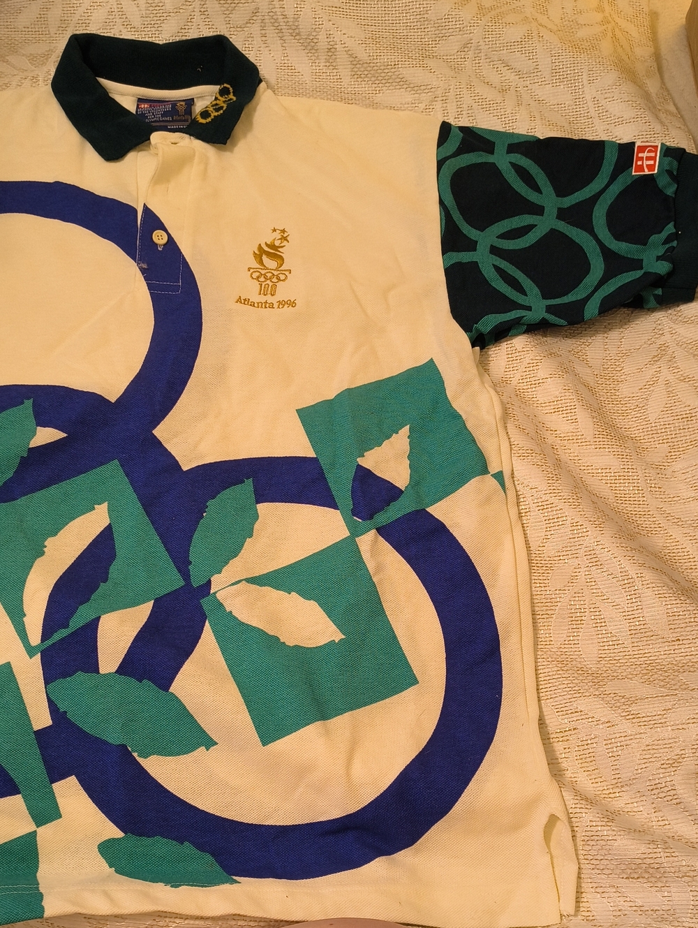 Hanes 1996 Olympics Polo Shirt in Cream with Teal & Black Accents